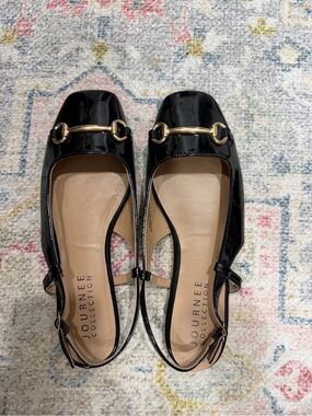 Journee Collection Black Patent Slingback Flats with Gold Buckle